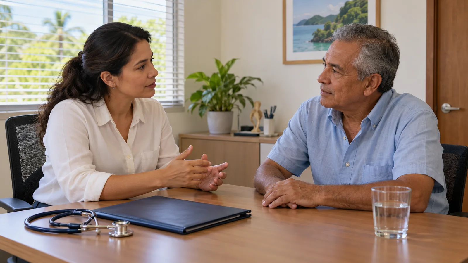 Illustration of an adult patient having a calm conversation with a healthcare professional.