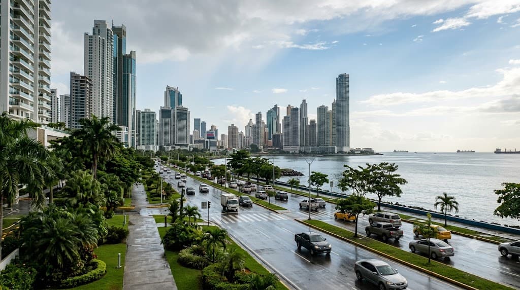 Paseo costero arbolado con una vía, palmeras y edificios altos a lo largo de la bahía de Ciudad de Panamá.