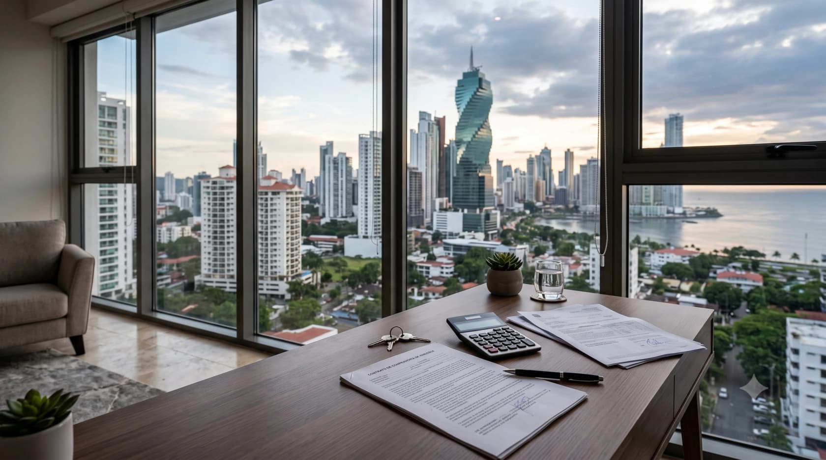 Documentos, una calculadora y un bolígrafo sobre una mesa junto a una ventana con vista a edificios altos de la ciudad.
