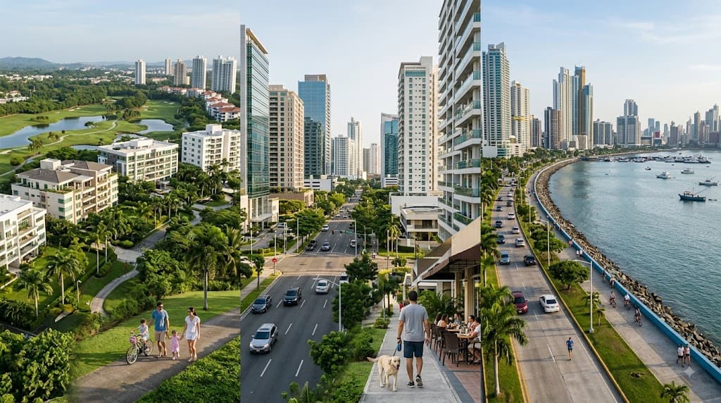 High-rise buildings, leafy city blocks and a coastal road along Panama City’s bay.