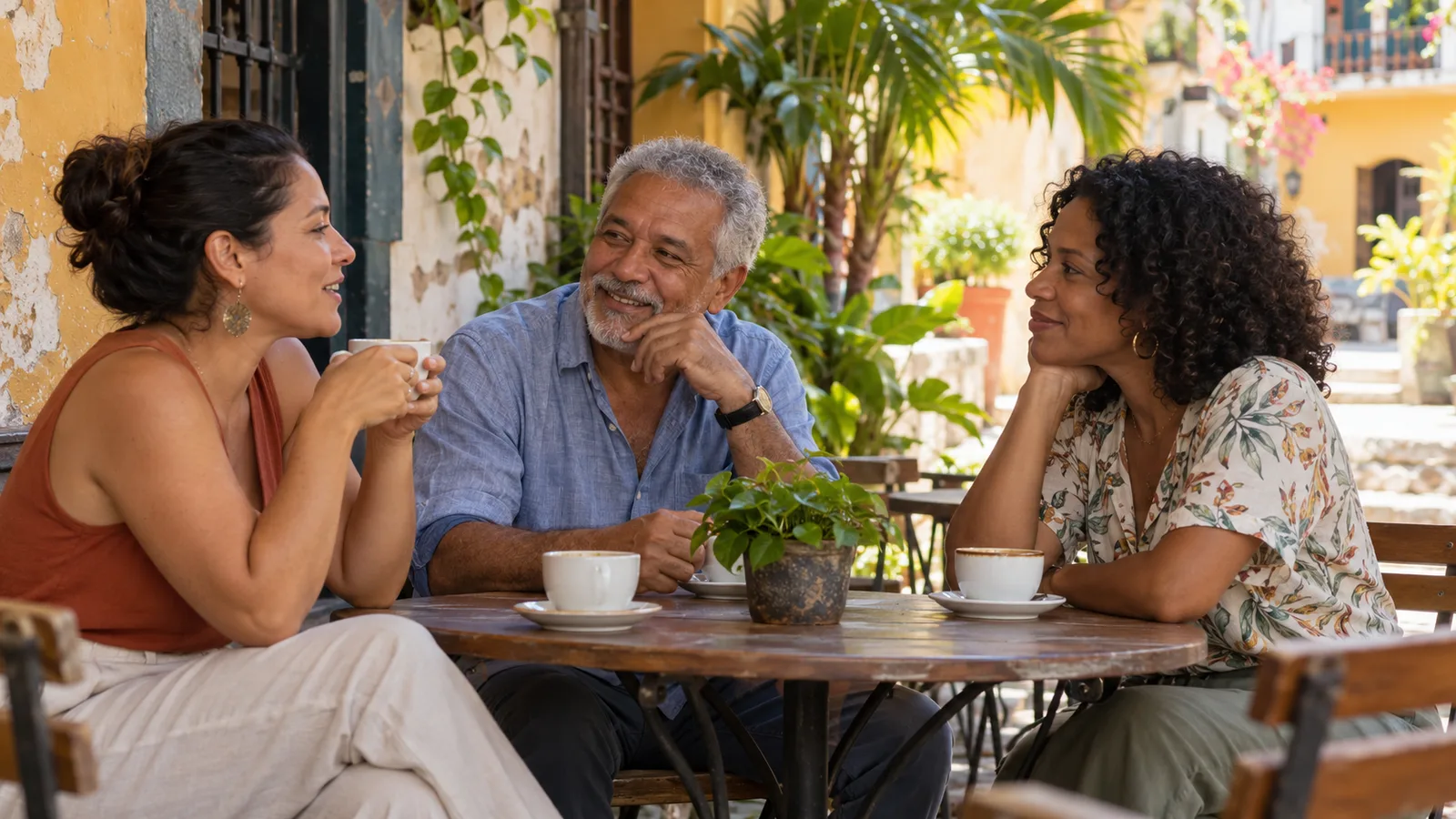Ilustración de vecinos adultos conversando tranquilamente mientras toman café en un patio panameño sombreado.