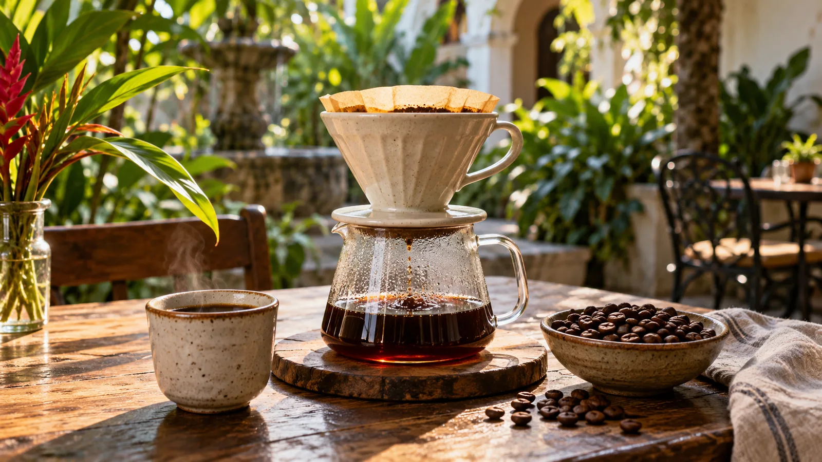 An illustration of pour-over coffee preparation: a dripper, glass server, cup and coffee beans.
